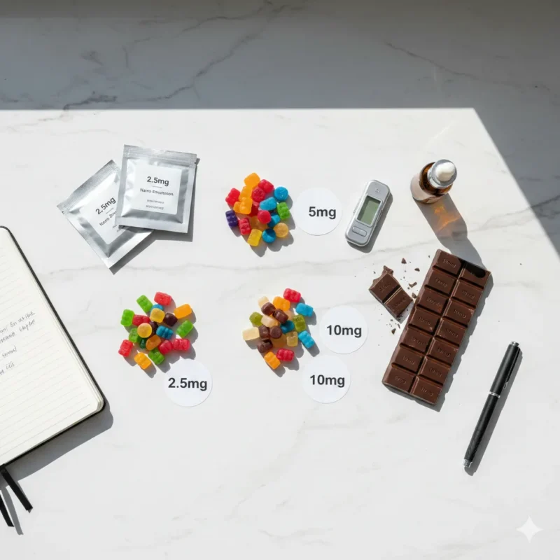 "Low-dose cannabis edible comparison showing 2.5mg, 5m,g 10mg THC gummies and nano-emulsion formats for beginners."