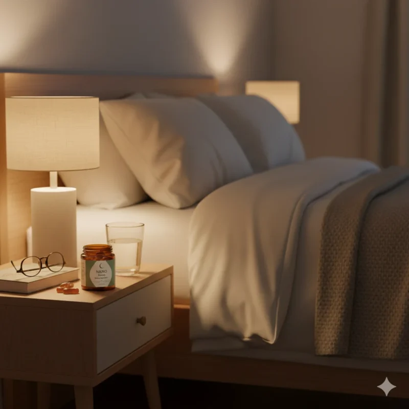 Bedside table with low-dose THC gummies and water as part of a perimenopause sleep routine