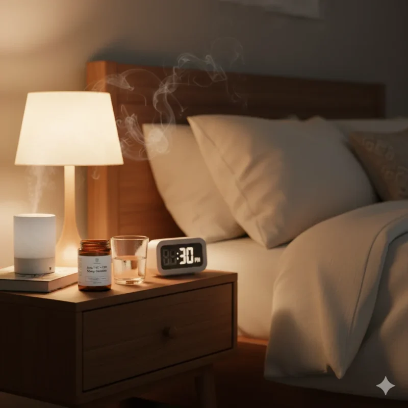 "Evening sleep routine with 5mg THC CBN cannabis gummies for natural sleep aid, Oakville women wellness"