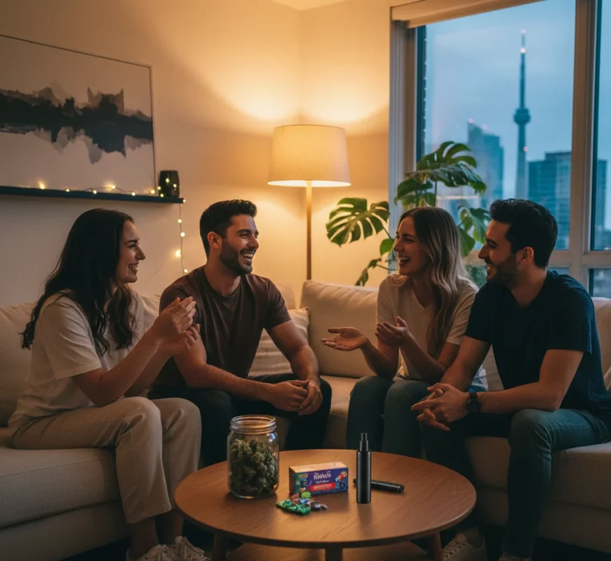 Friends enjoying legal weed delivery products in a Brampton home.