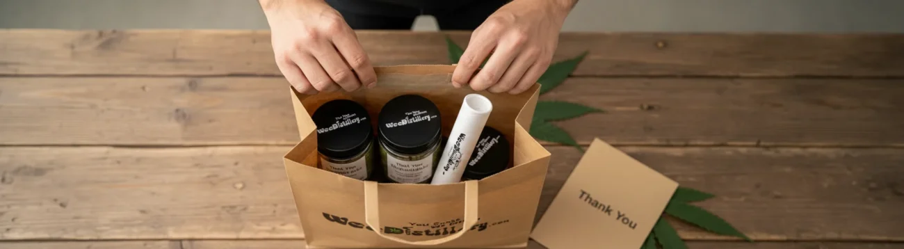 Customer unboxing a weed delivery order with flower and pre-rolls.