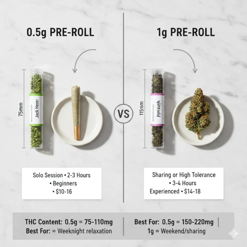 Cannabis pre-rolls 0.5g vs 1g size comparison Burlington guide beginner solo session sharing THC content 75mg 150mg difference