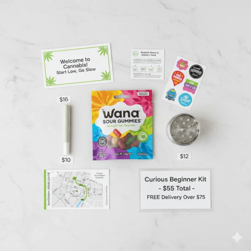 Burlington cannabis beginner starter kit 55 dollars Curious bundle gummies pre-roll grinder first time user package delivery.