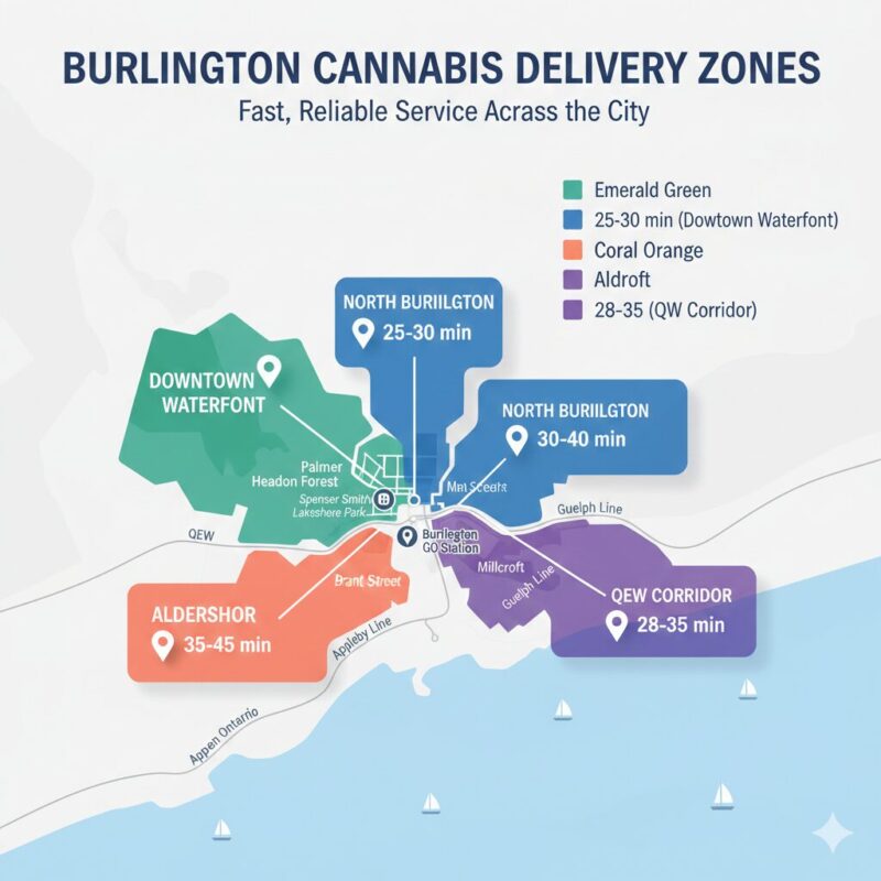 Burlington cannabis delivery zones map showing downtown waterfront, north Burlington, Aldershot with delivery time estimates