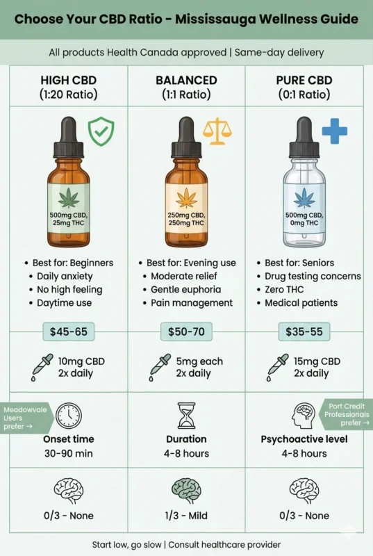 CBD oil ratio comparison chart Mississauga 1:20 high CBD 1:1 balanced pure CBD isolate anxiety sleep pain relief dosing
