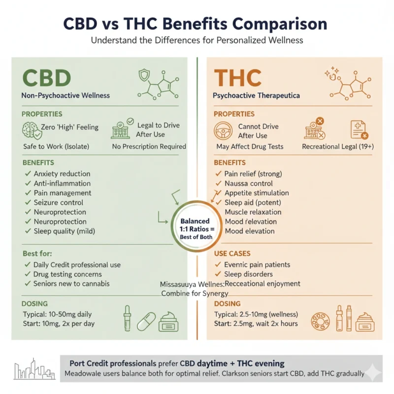 CBD vs THC comparison cannabidiol tetrahydrocannabinol benefits properties anxiety pain sleep wellness Mississauga guide