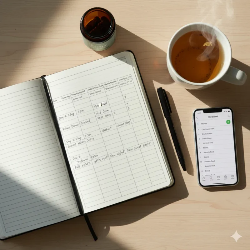 Cannabis microdosing journal tracking THC dosage time effects sleep quality and anxiety levels for personalized protocol.