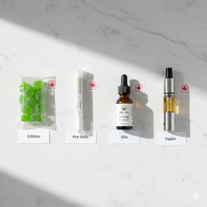 Cannabis product types comparison Brampton edibles gummies pre-rolls oils vape cartridges beginner guide legal packaging