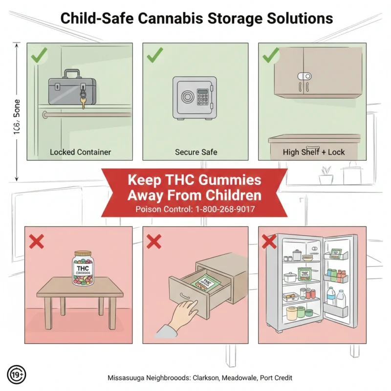 Child-safe cannabis storage THC gummies locked cabinet safe high shelf Mississauga family safety child-proof containers