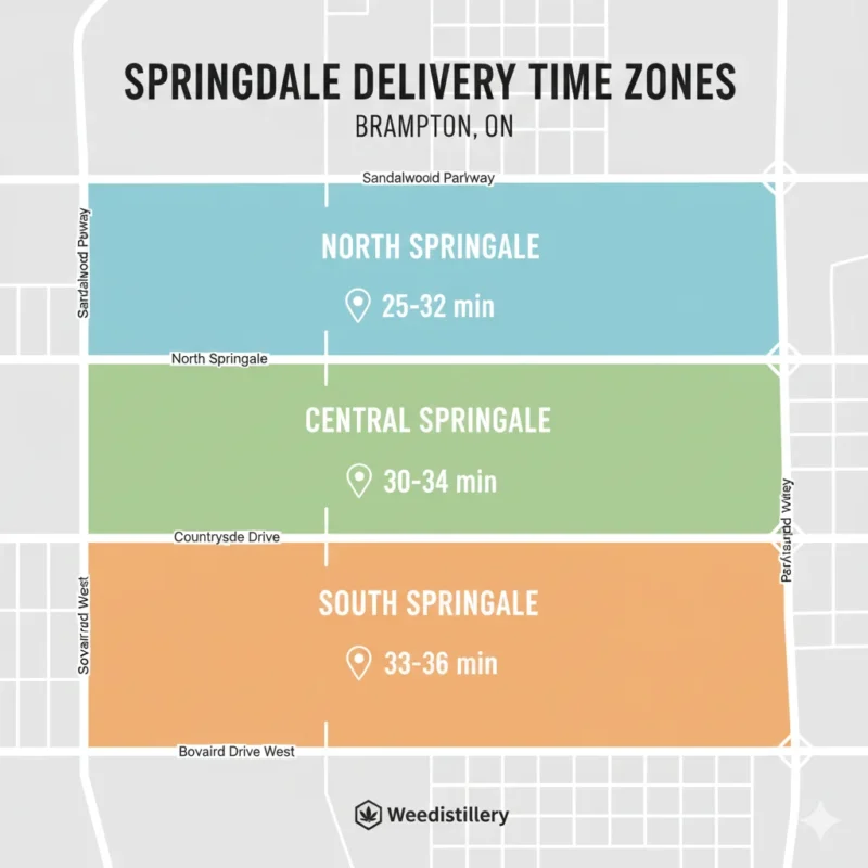 Springdale weed delivery time zones map showing north L6P 28-minute south L6R 35-minute cannabis delivery areas Brampton.