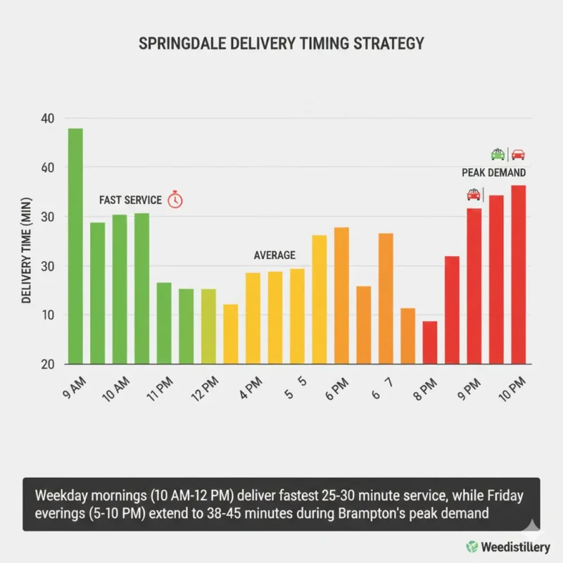 "Best times order Springdale cannabis delivery fastest 25-minute morning slowest 40-minute Friday evening rush hour Brampton L6P"