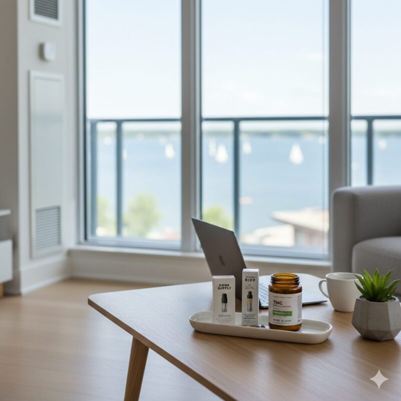 Discreet cannabis vape cartridges and THC edibles for Burlington downtown condo residents with Lake Ontario waterfront view