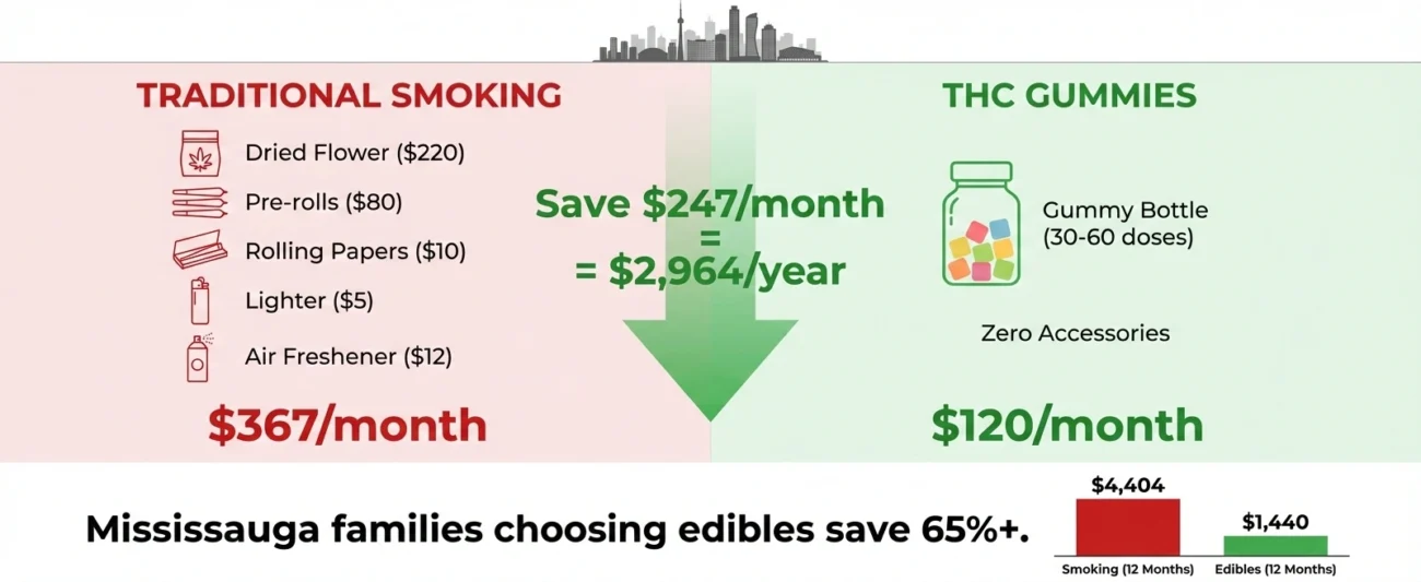 Cannabis cost comparison smoking vs edibles Mississauga save money THC gummies $247 monthly savings budget chart