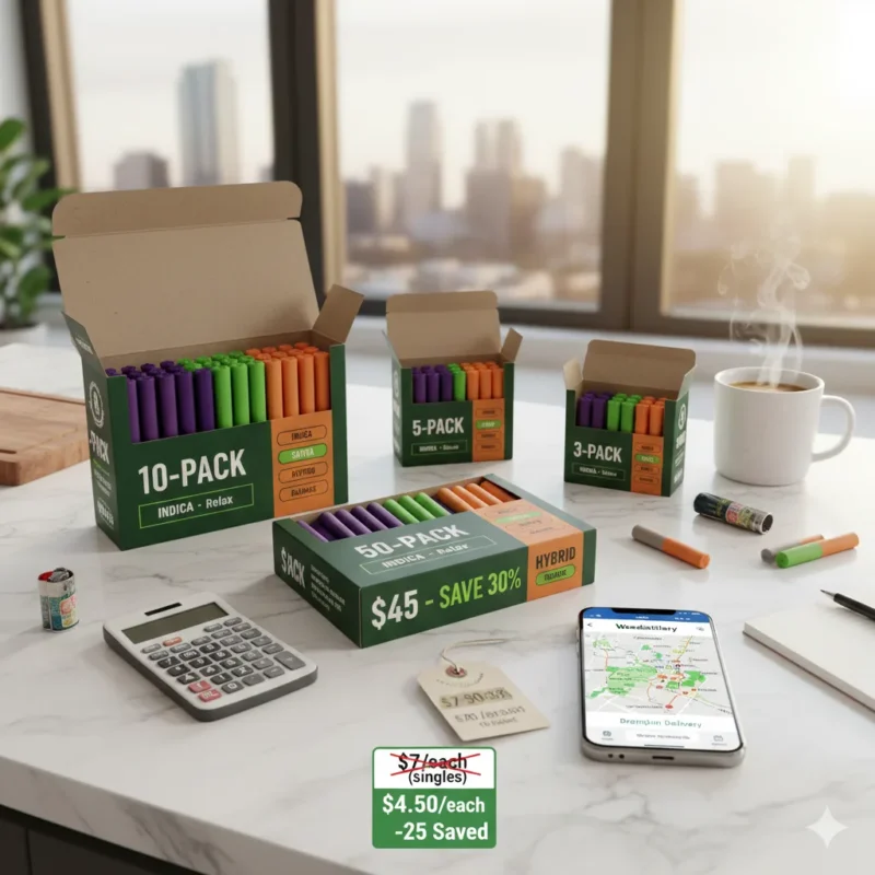 Pre-roll multi-packs Brampton showing 3-pack 5-pack 10-pack variety bundles with indica sativa hybrid options price savings calculator smartphone delivery