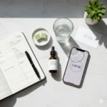 Cannabis microdosing protocol setup showing 2.5mg THC edibles wellness journal timer and dosing tracking tools on marble surface