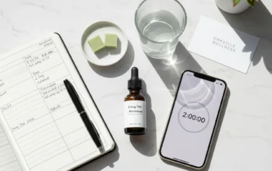 Cannabis microdosing protocol setup showing 2.5mg THC edibles wellness journal timer and dosing tracking tools on marble surface