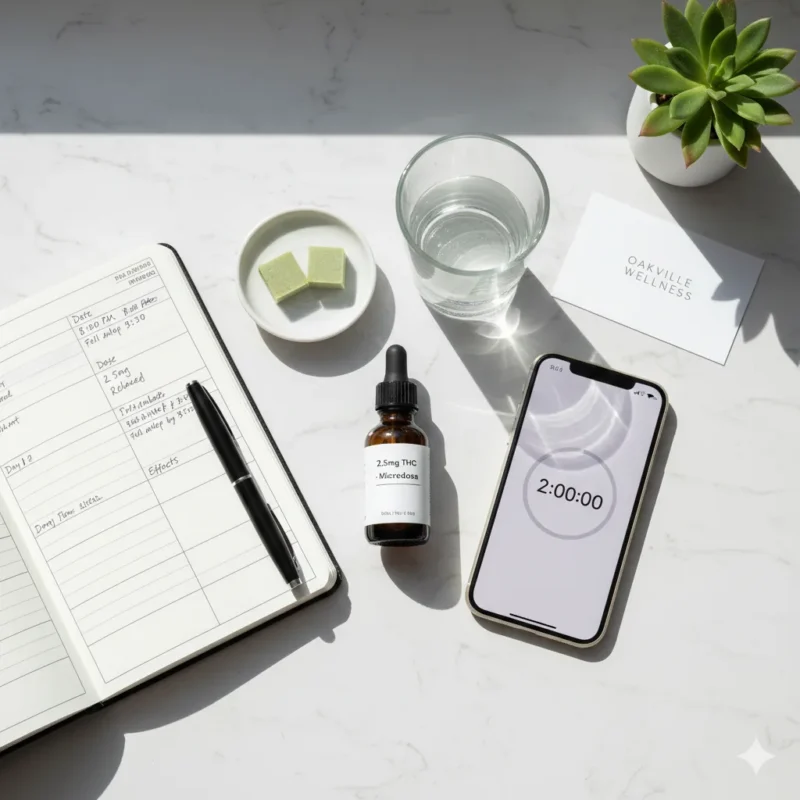 Cannabis microdosing protocol setup showing 2.5mg THC edibles wellness journal timer and dosing tracking tools on marble surface