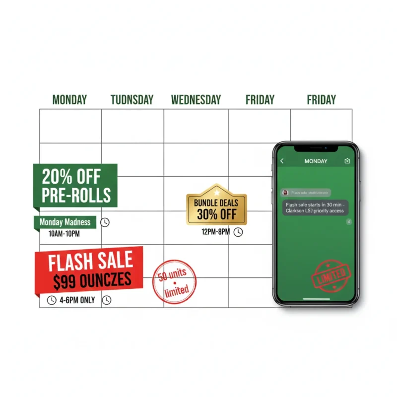 Mississauga cannabis flash sale calendar Monday Madness Wednesday bundles Friday sales $99 ounces Clarkson Meadowvale