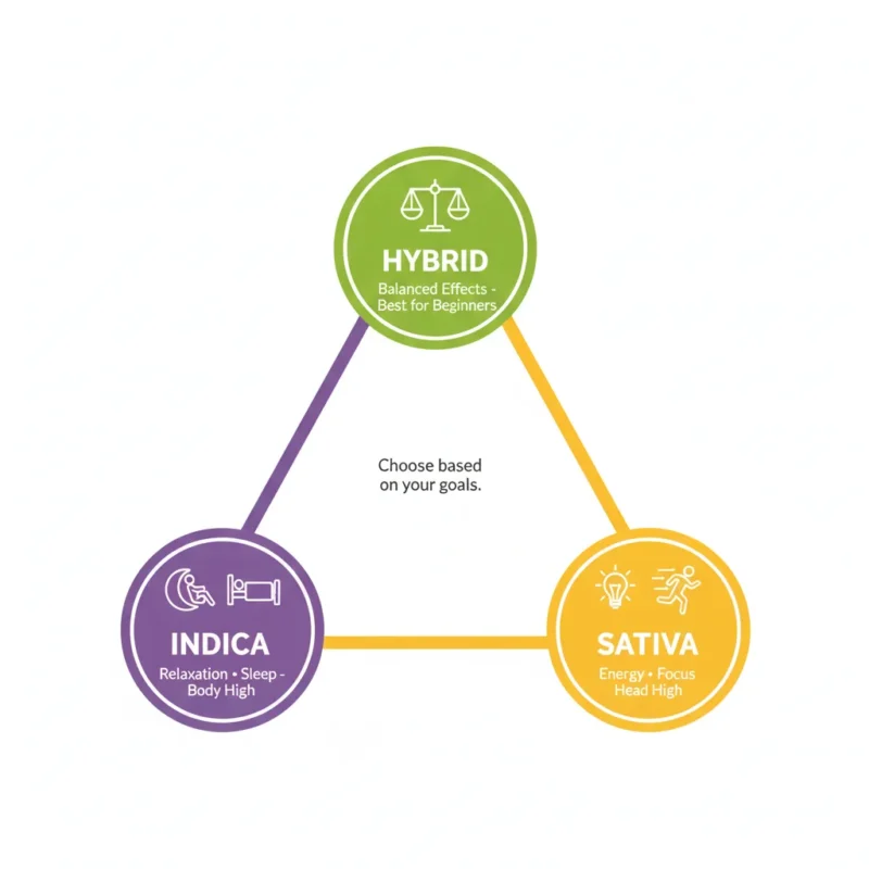 Indica sativa hybrid cannabis strains triangle comparison chart effects relaxation energy balanced Brampton beginner