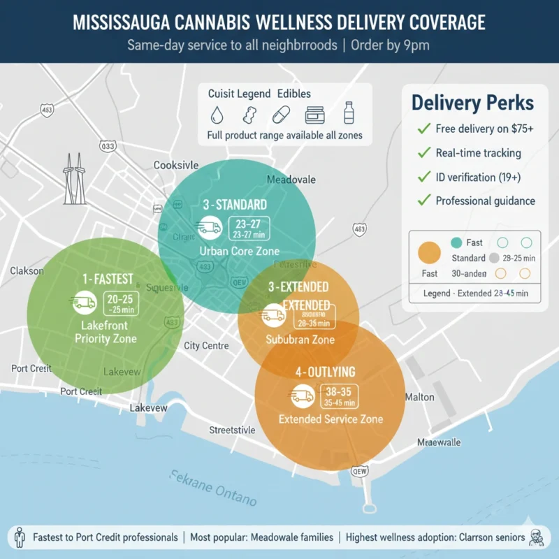 Mississauga cannabis wellness delivery map zones Port Credit Clarkson Meadowvale Streetsville 20-45 minutes same-day service