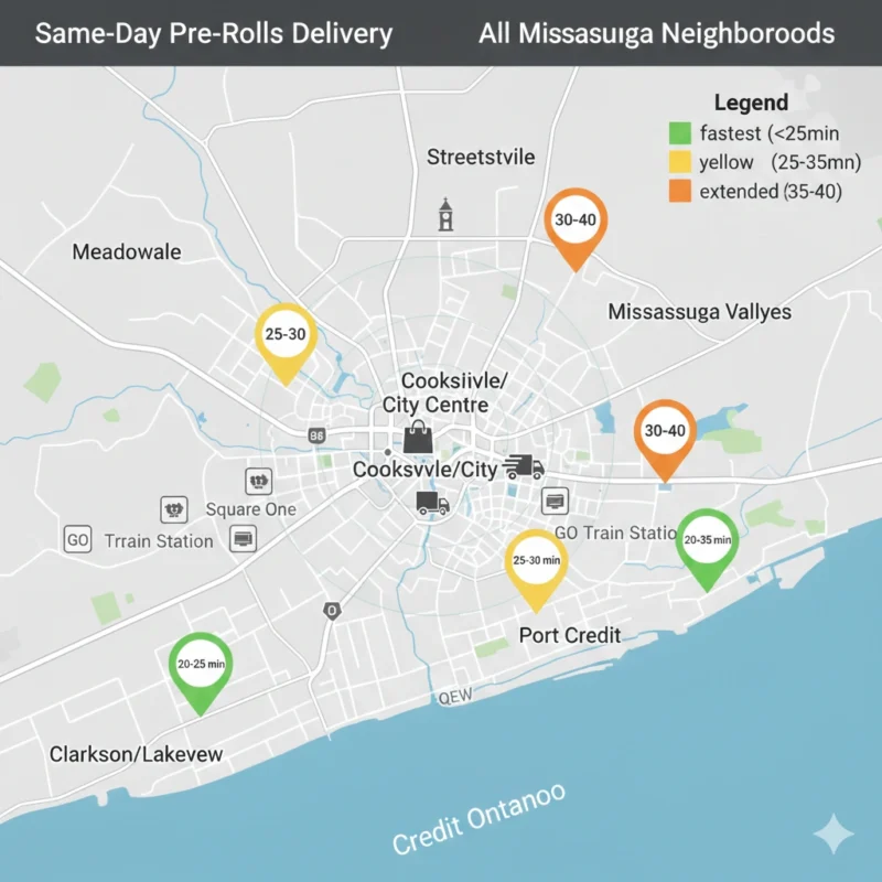 Mississauga pre-rolls delivery map Clarkson Meadowvale Port Credit Streetsville delivery times neighborhoods cannabis 2026