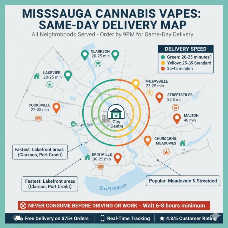 Mississauga cannabis vapes delivery map Clarkson Port Credit Meadowvale Streetsville delivery times neighborhoods zones 2026