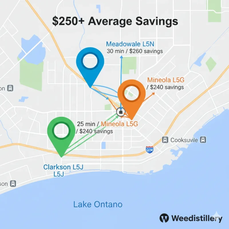 Mississauga weed delivery map, Clarkson L5J, Meadowvale L5N, Mineola L5G neighborhoods delivery times savings zones