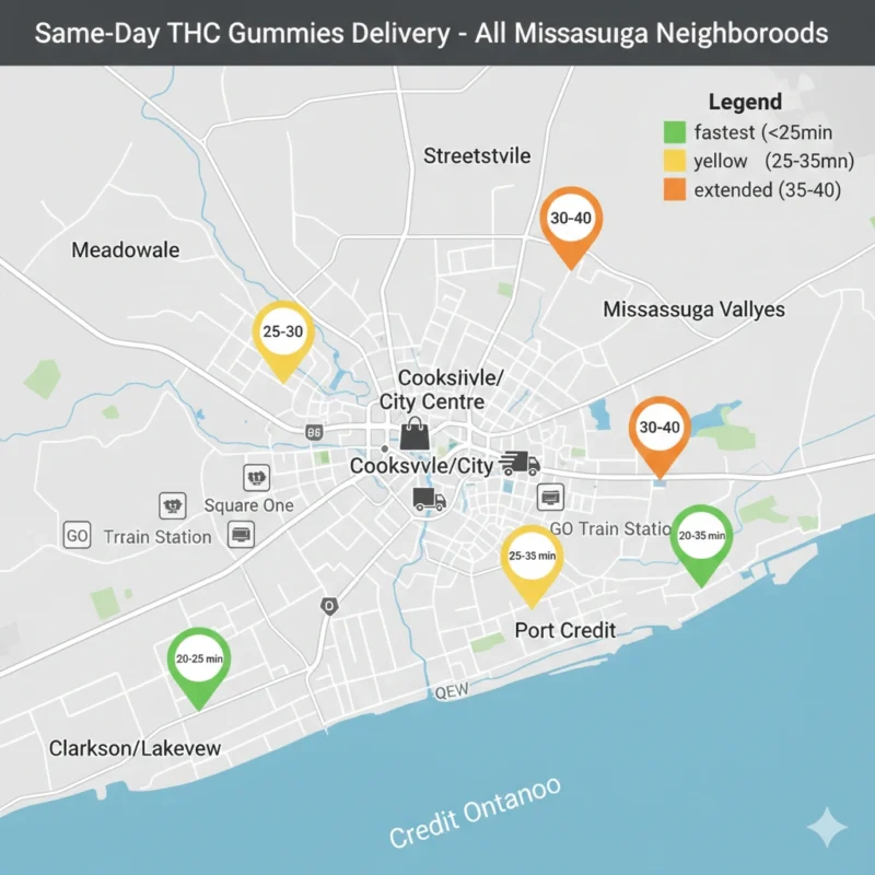 Mississauga cannabis delivery map THC gummies Clarkson Meadowvale Port Credit Streetsville delivery times neighborhood.