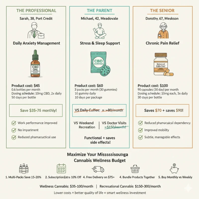 Mississauga cannabis wellness monthly cost budget CBD oil gummies capsules anxiety sleep pain $35-100 savings comparison guide