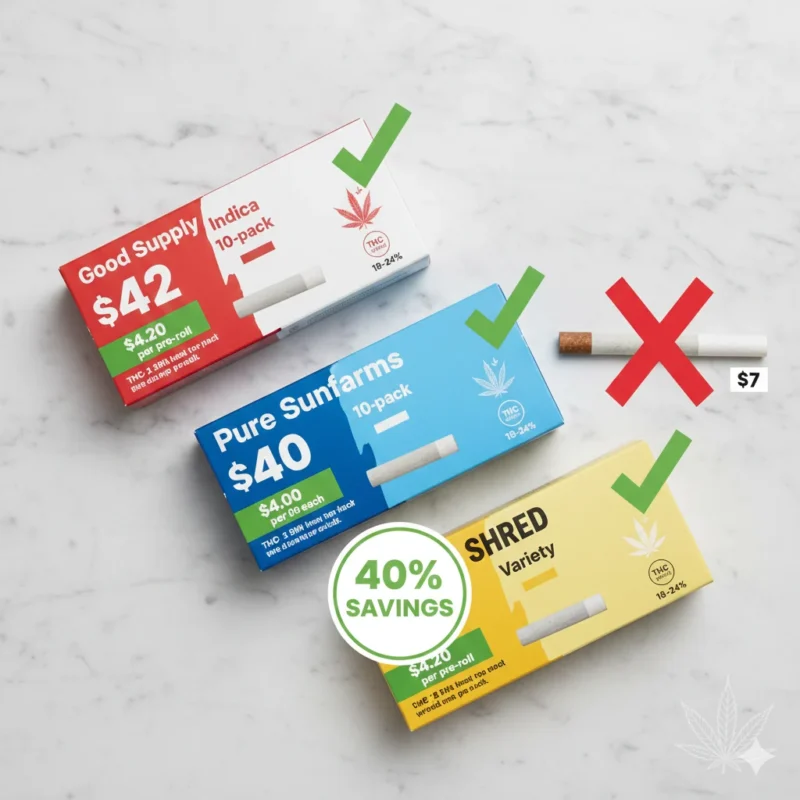 Good Supply Pure Sunfarms SHRED pre-roll 10-packs Mississauga $40-45 vs $7 singles 40% savings Clarkson