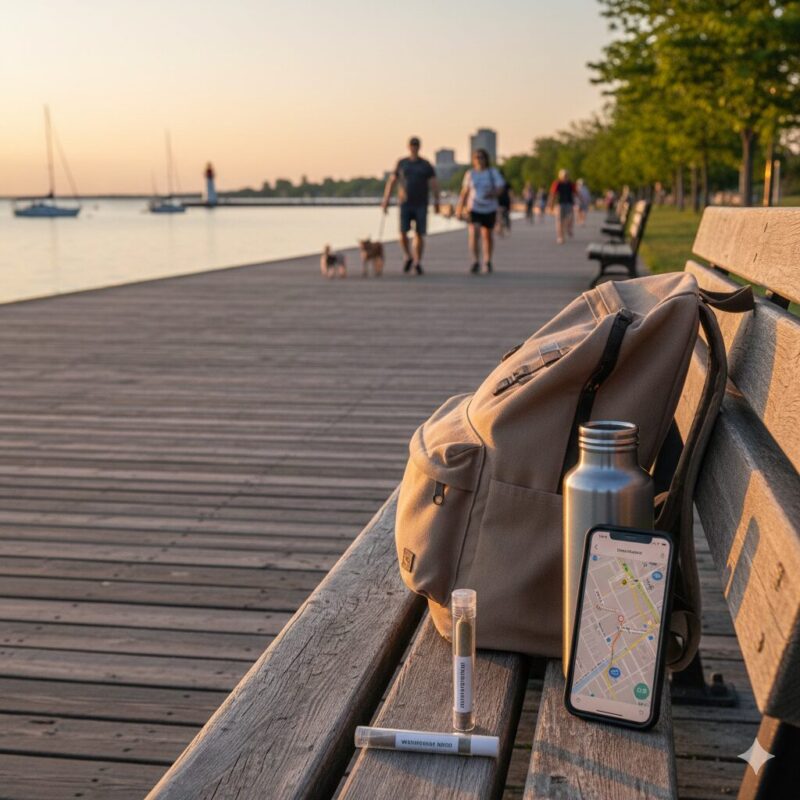 Cannabis pre-roll at Burlington waterfront trail Spencer Smith Park boardwalk for lakefront lifestyle outdoor consumption