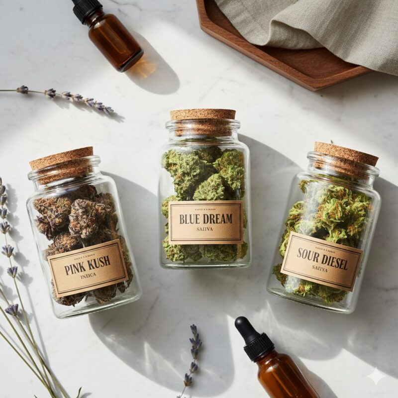 Premium cannabis flower strains popular in Burlington delivery: Pink Kush indica, Blue Dream hybrid, Sour Diesel sativa buds