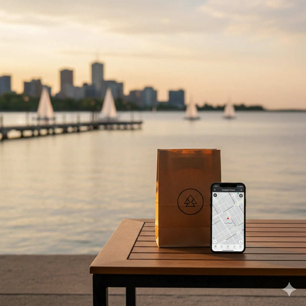 Burlington weed delivery package on lakefront porch with Spencer Smith Park waterfront at sunset, smartphone tracking map