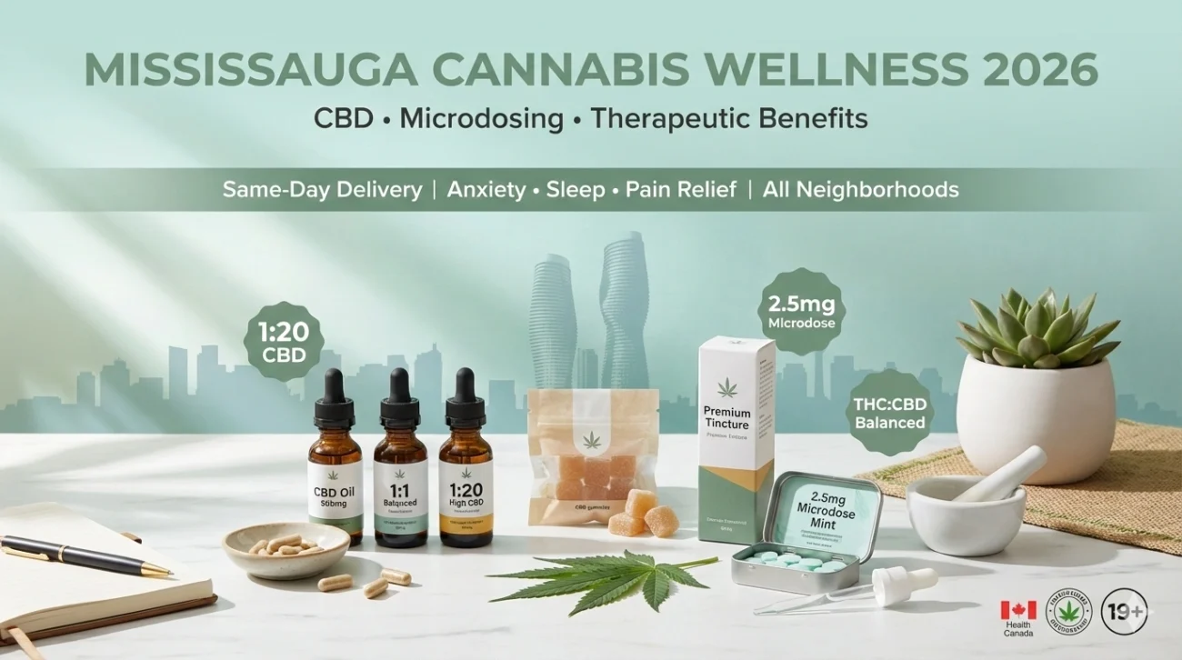 Mississauga cannabis wellness CBD oil bottles capsules microdose gummies therapeutic products Health Canada approved 2026