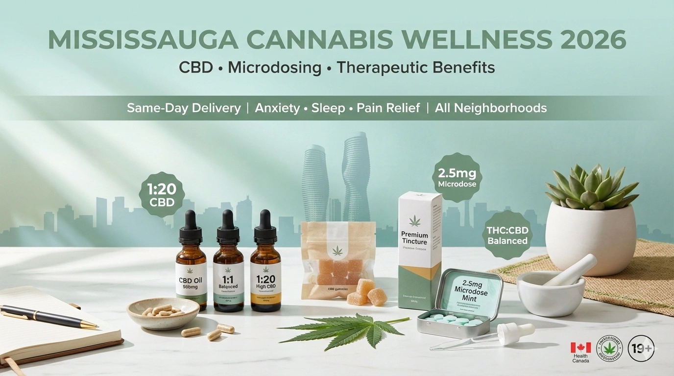 Mississauga cannabis wellness CBD oil bottles capsules microdose gummies therapeutic products Health Canada approved 2026