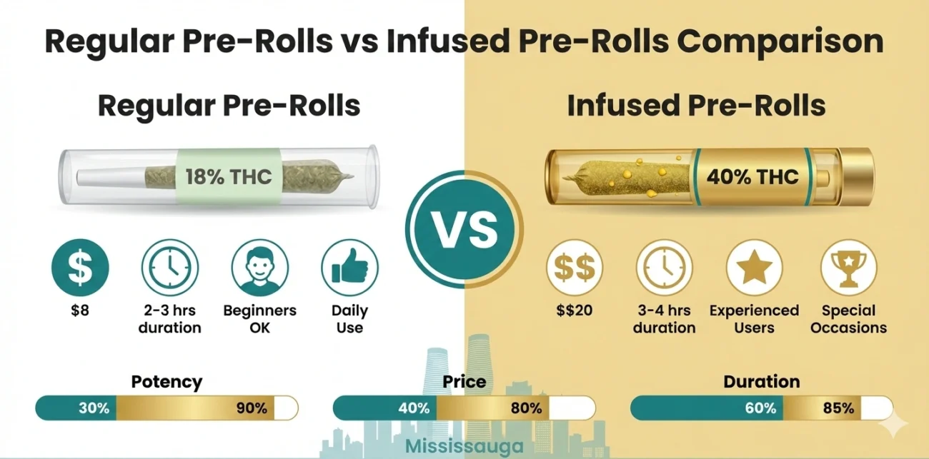 Regular vs infused pre-rolls comparison Mississauga THC potency price duration beginner experienced users cannabis guide