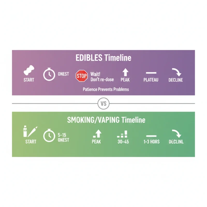 Cannabis dosing timeline beginner guide edibles 60-90 minute onset smoking 5-15 minutes Burlington safe consumption timing