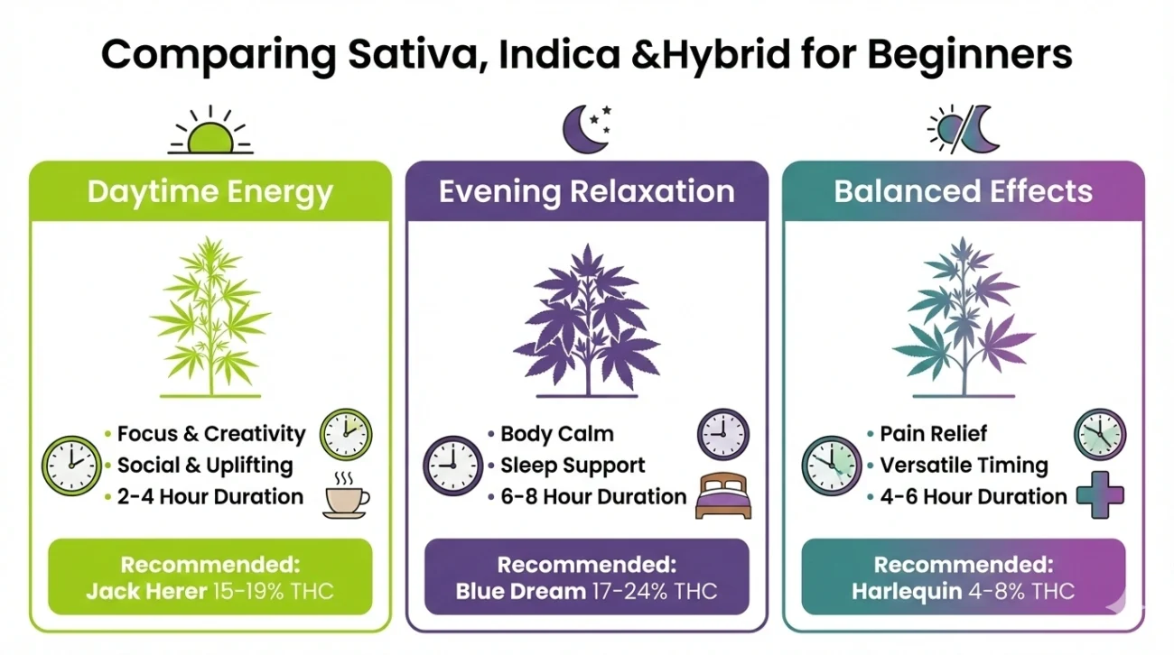 Sativa indica hybrid cannabis comparison beginner guide Burlington 2026 daytime evening effects Jack Herer Blue Dream strain