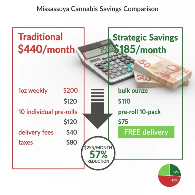 Mississauga cannabis savings comparison $440 traditional vs $185 bulk purchasing strategy $255 monthly reduction