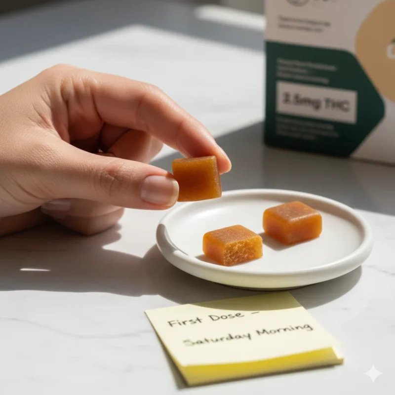 Cannabis gummy cut in half showing 2.5mg THC starting dose for safe microdosing protocol beginners