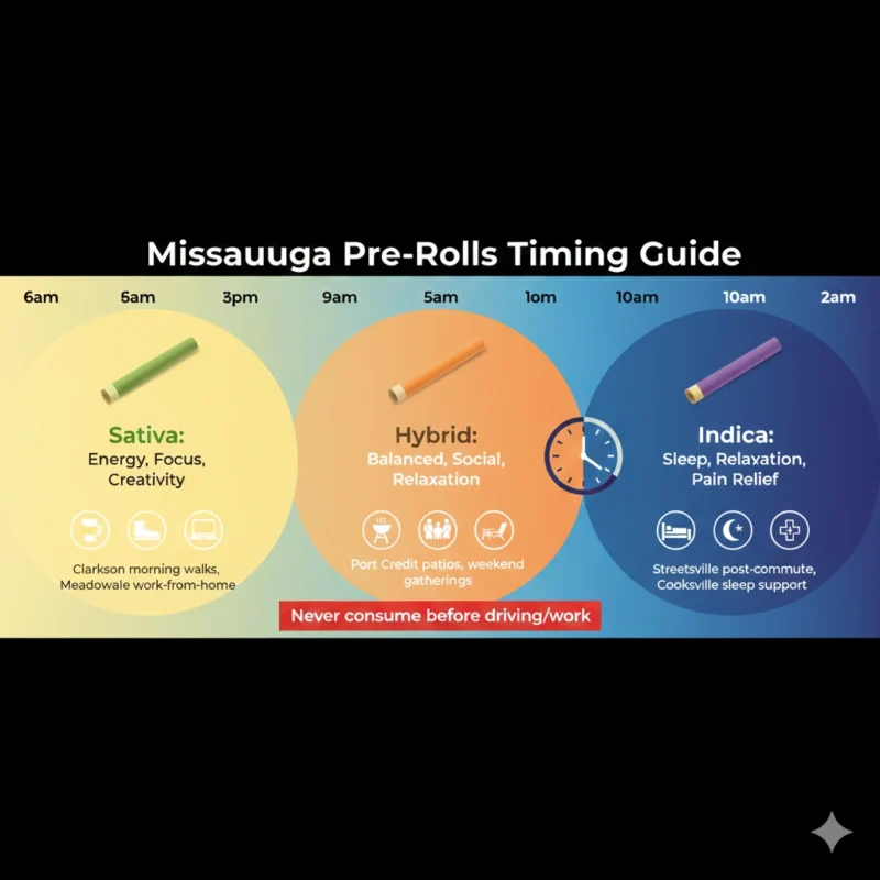 Cannabis strain timing guide sativa indica hybrid daytime evening night Mississauga pre-rolls when to use schedule 2026