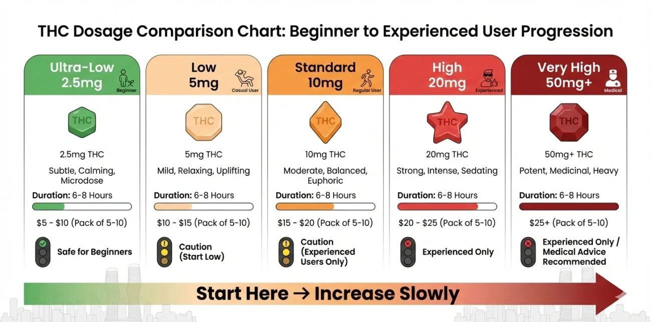 THC gummies dosage chart 2.5mg 5mg 10mg comparison beginner experienced user guide Mississauga cannabis edibles safety