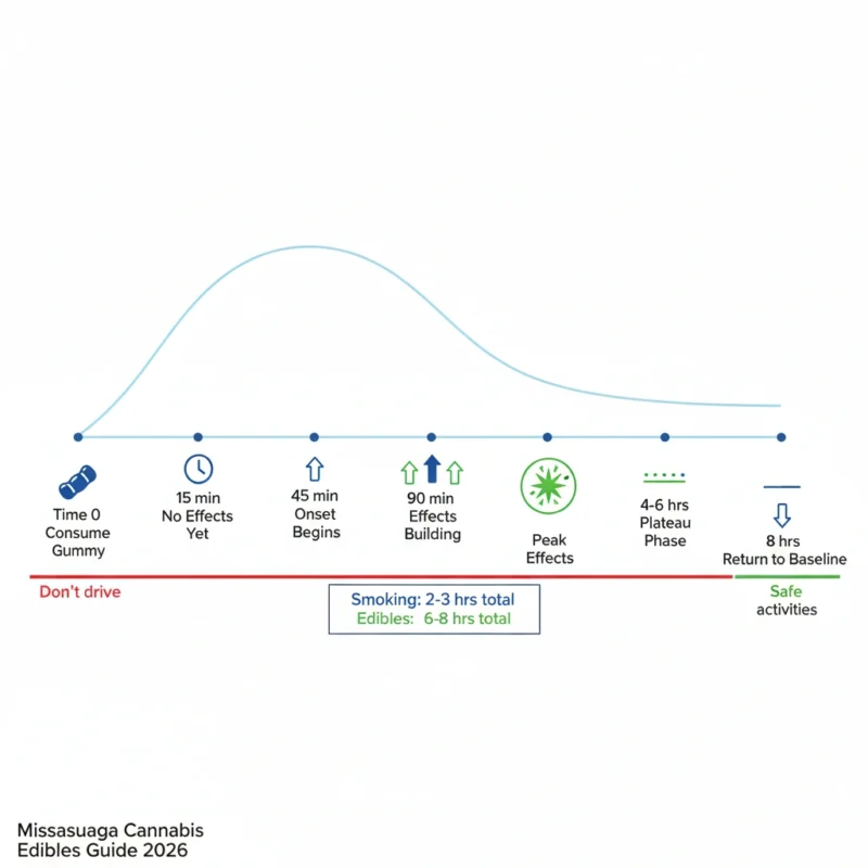 THC gummies onset time duration timeline 45 minutes 2 hours peak effects 8 hours edibles absorption Mississauga guide