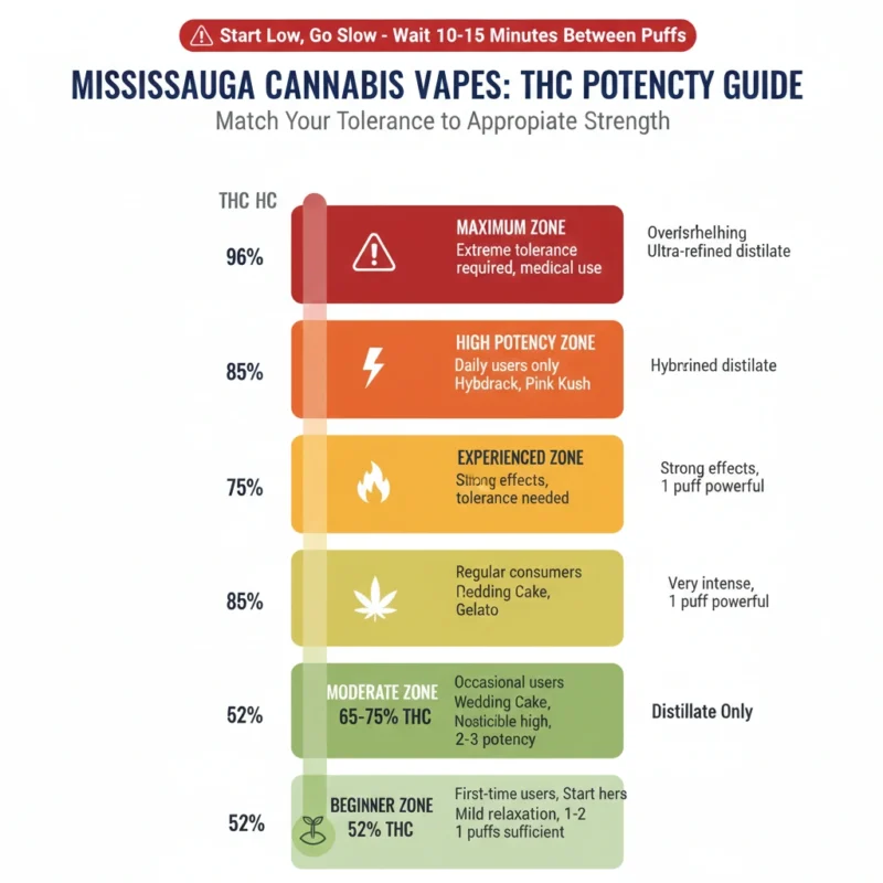 THC potency scale Mississauga cannabis vapes 52-96% beginner experienced zones dosing guide strain types tolerance levels