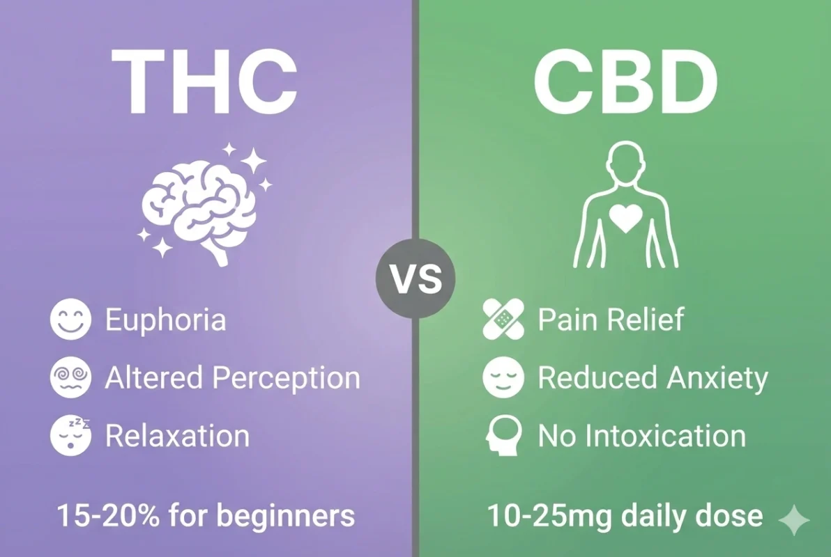 THC vs CBD comparison chart cannabis beginner guide Burlington 2026 psychoactive therapeutic effects dosing differences