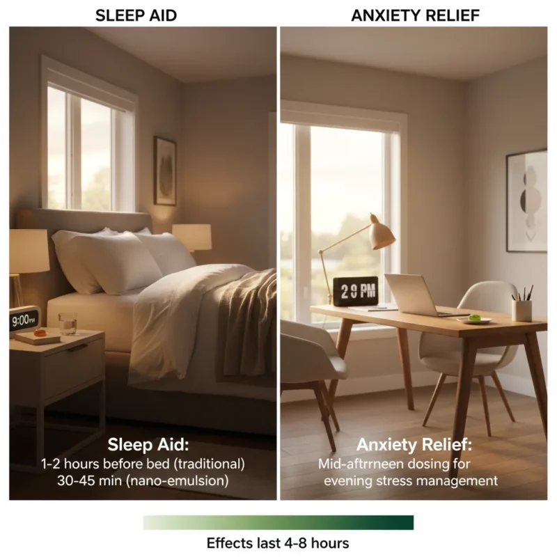 Cannabis edibles timing guide showing optimal dosing schedule for sleep aid versus anxiety relief applications