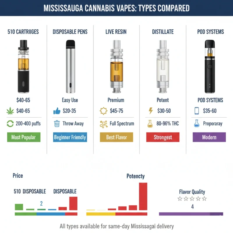 Cannabis vapes types comparison Mississauga 510 cartridges disposable live resin distillate pod systems THC potency guide