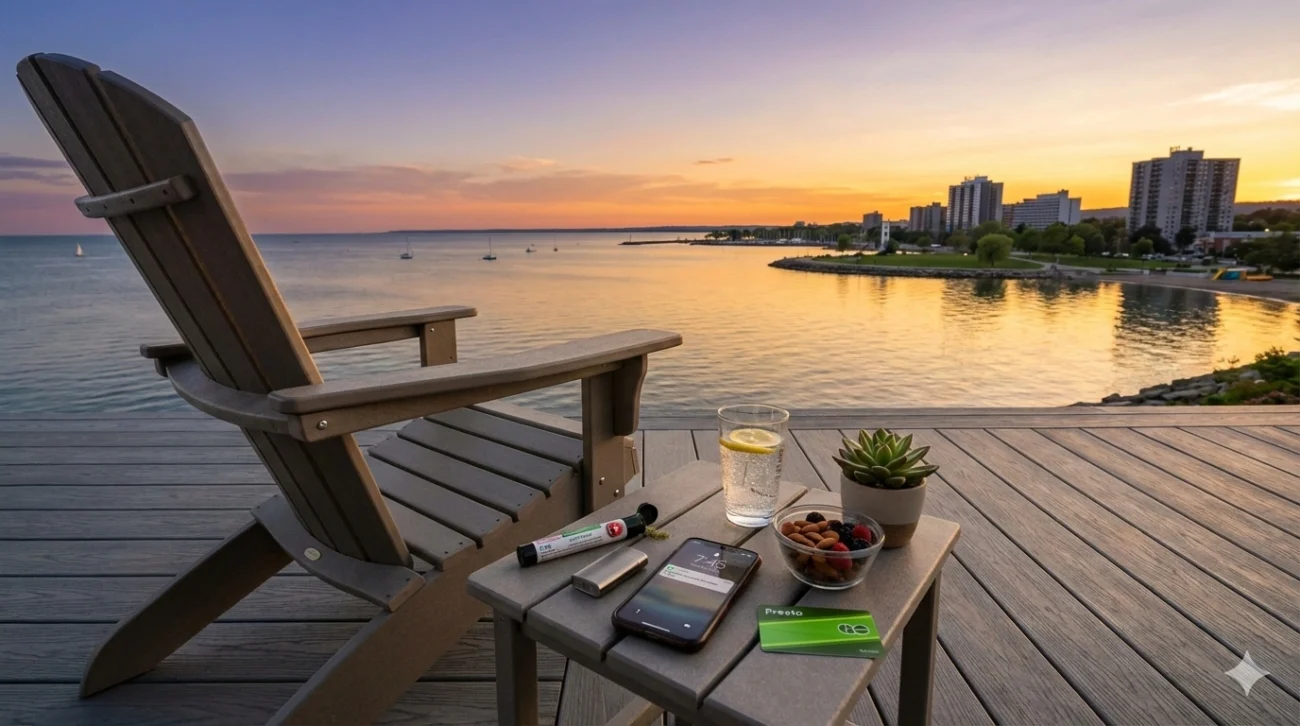 Burlington GO Transit commuter cannabis pre-roll evening deck Lake Ontario post-work relaxation lifestyle professional routine