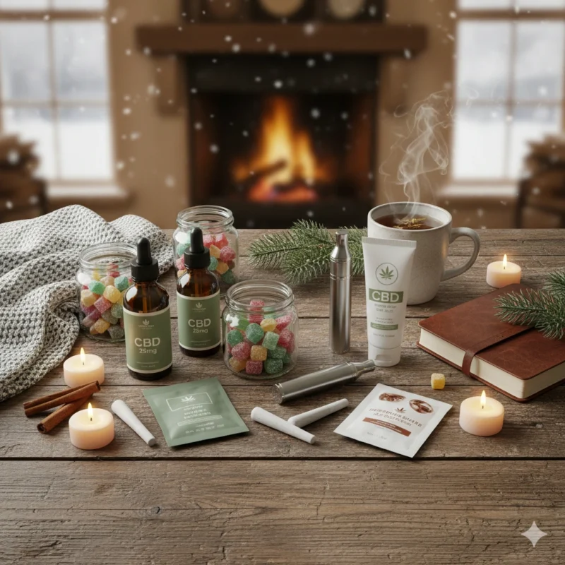 Cannabis wellness product variety including CBD oil gummies topicals and pre-rolls arranged with winter cozy home styling