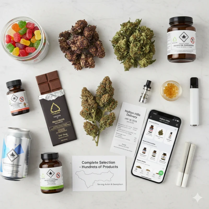 Complete cannabis product selection available through Acton and Georgetown weed delivery including flower edibles vapes concentrates for Halton Hills delivery